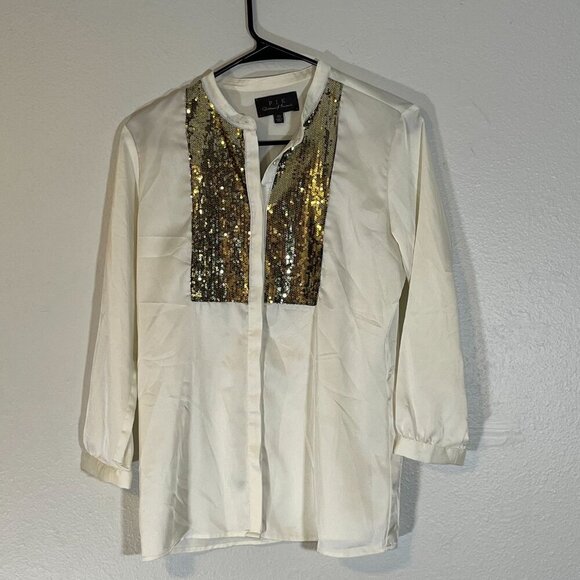 Paterson J Kindaid PJK Satin Tuxedo Blouse Gold Sequin Bib Cream Size‎ XS - Picture 2 of 7